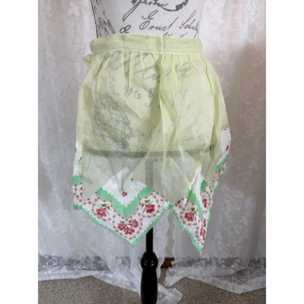 Vintage 50s Handmade Half Apron Sheer Yellow Handkerchief Hem Floral Rose Border